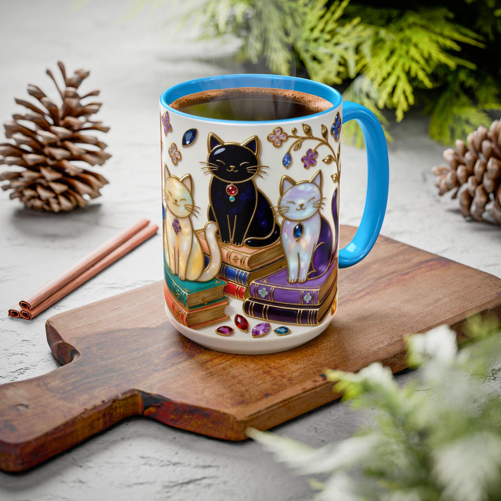 Stained Glass Style Cats Mug, Bookish Cat Art Mug, Jewel Tone Fantasy Cats Cup, Book Lover Mug 15oz, Premium Ceramic Mug – Everyday Use & Gift Idea