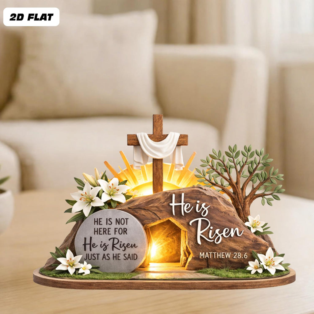 He is Risen Easter 2D FLAT Wooden Block, Christian Resurrection Table Sign, Religious Home Decor Gift, Easter Empty Tomb Cross Wood Shelf