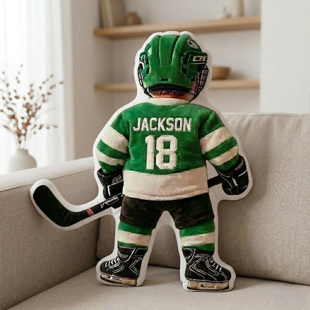 Personalized Hockey Player Pillow Custom Name Number Flat Printed 3D Look NOT Embossed Kids Sports Cushion Team Uniform Gift Room Decor