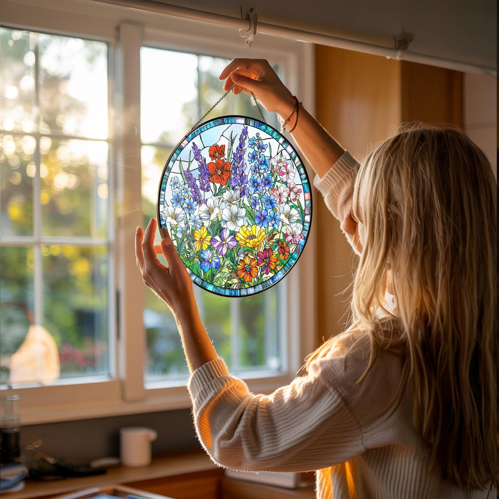 Wildflower Stained Glass Suncatcher_ Window Hanging Decor, Glass Suncatcher – Colorful Window Hanging for Nature-inspired Home Décor, Christmas Gift