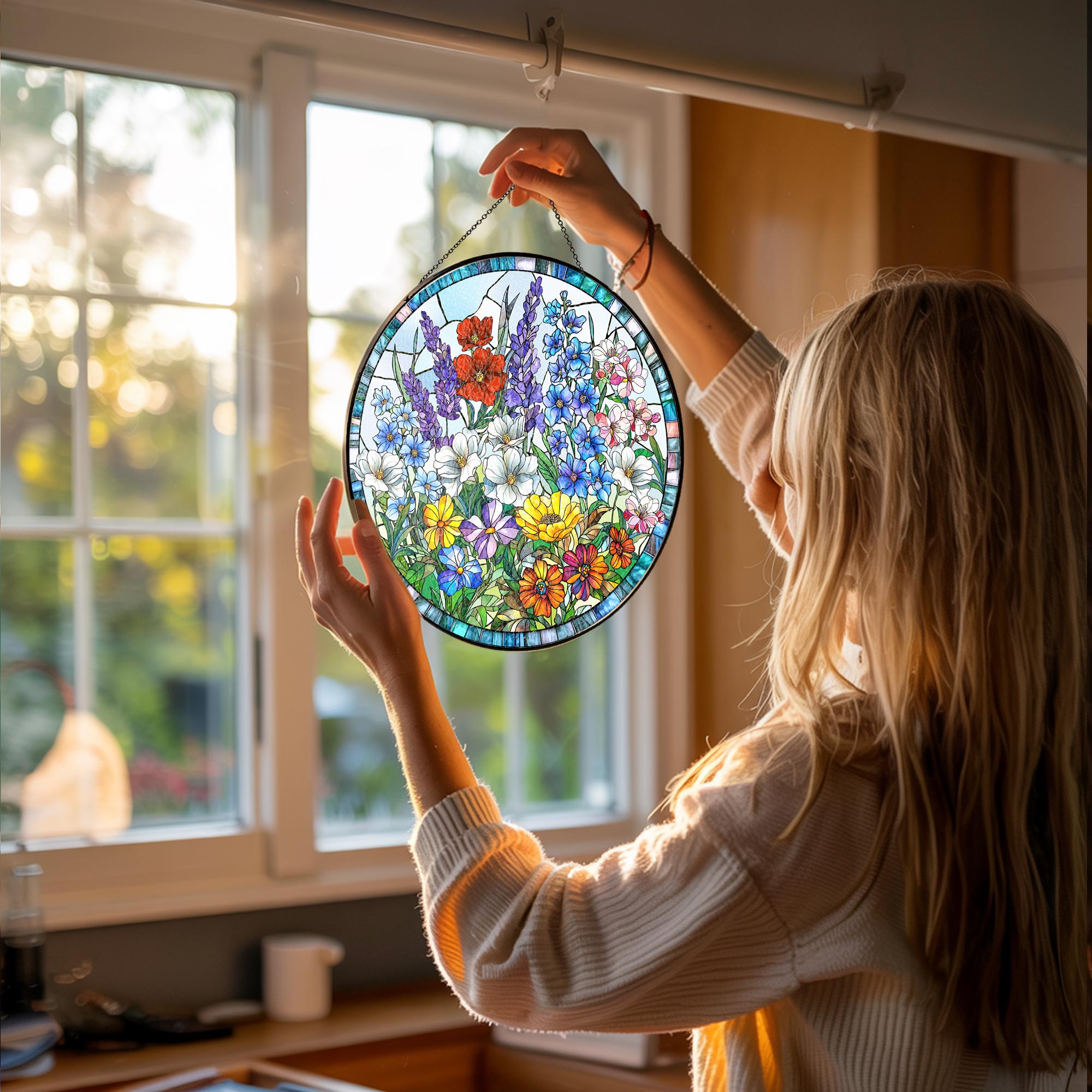 Wildflower Stained Glass Suncatcher_ Window Hanging Decor, Glass Suncatcher – Colorful Window Hanging for Nature-inspired Home Décor, Christmas Gift