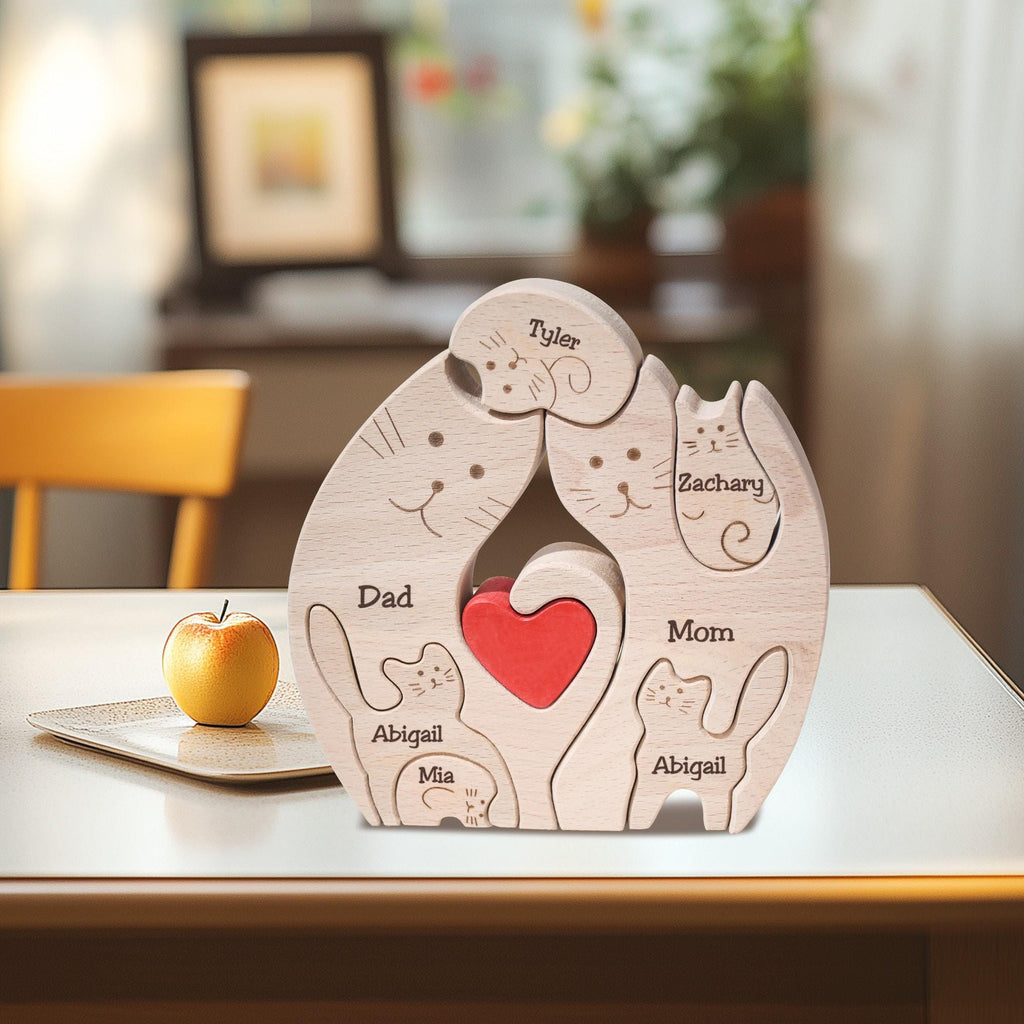 Custom Wooden Cat Family Puzzle, Wood Cat Figurines, Family Name Keepsake, Family of 4 Home Decor, Cat Lover Gifts, Birthday Gift for Wife