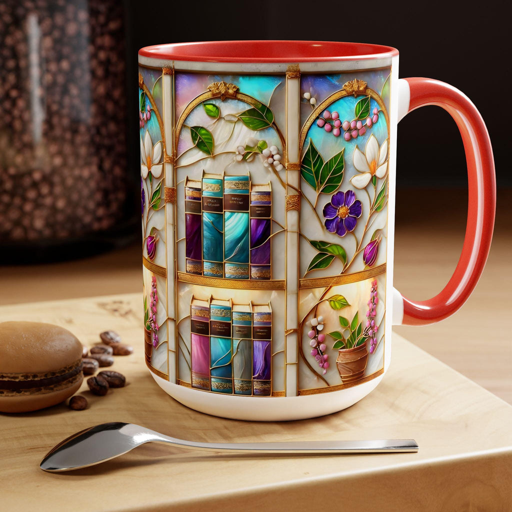 Floral Bookshelf Coffee Mug, Bookish Stained-glass Style Ceramic Mug, Book Lover Gift Mug 15oz