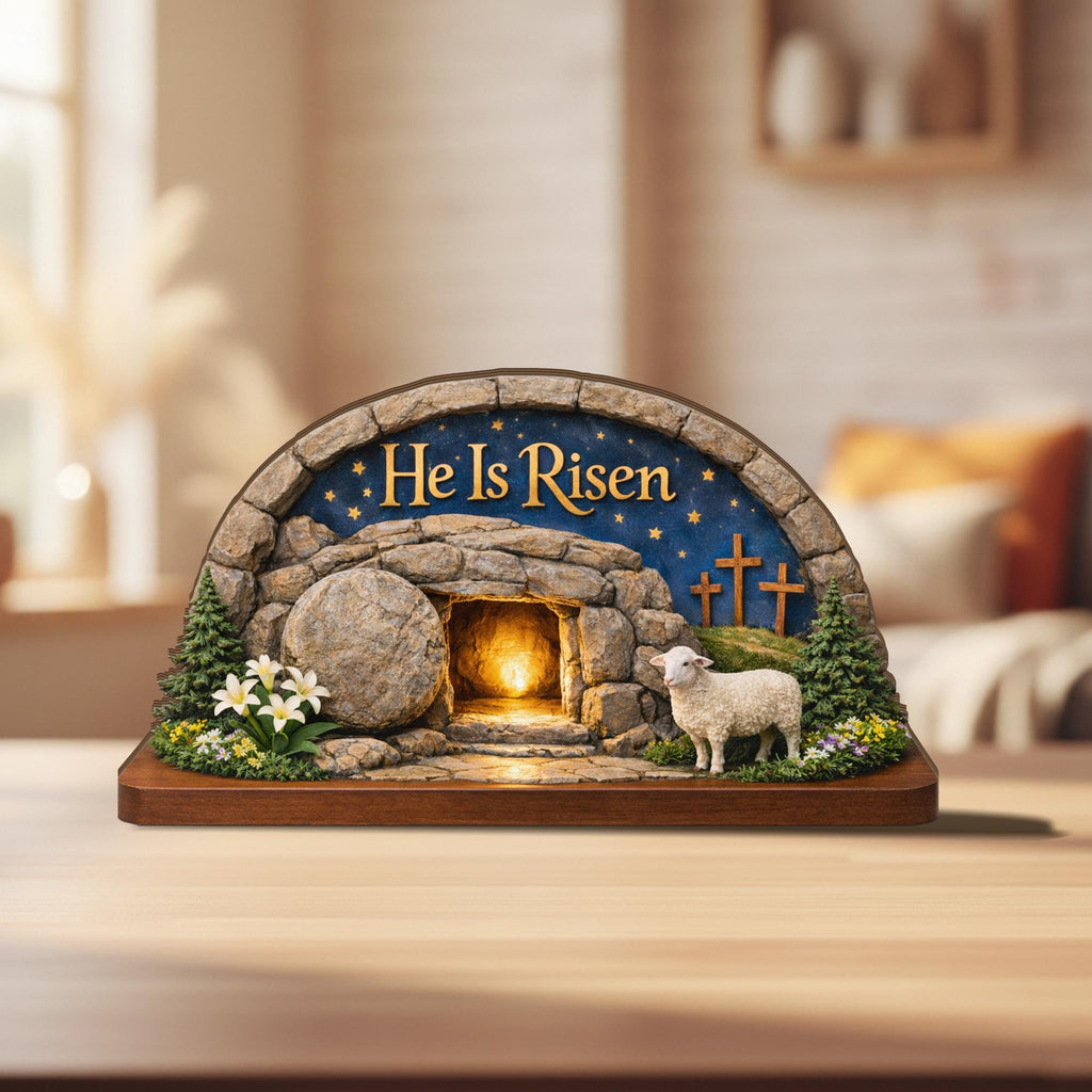 He is Risen Easter Wooden Decor, Empty Tomb Christian Easter Sign, Resurrection Scene Tabletop Decor, Religious Easter Gift