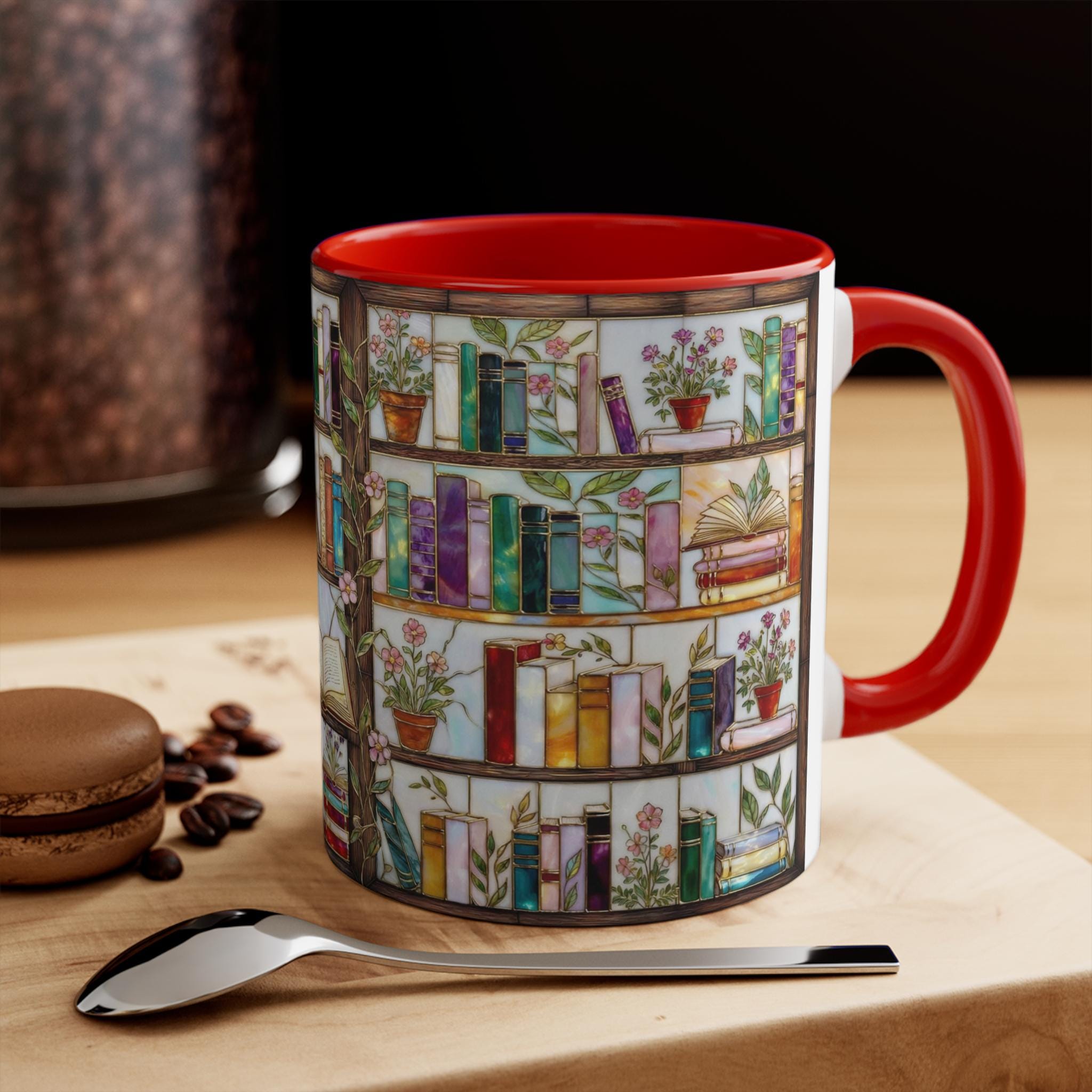 Book Lover Coffee Mug, Bookshelf Design Ceramic Mug, Vintage Library Bookish Cup, Gift for Readers