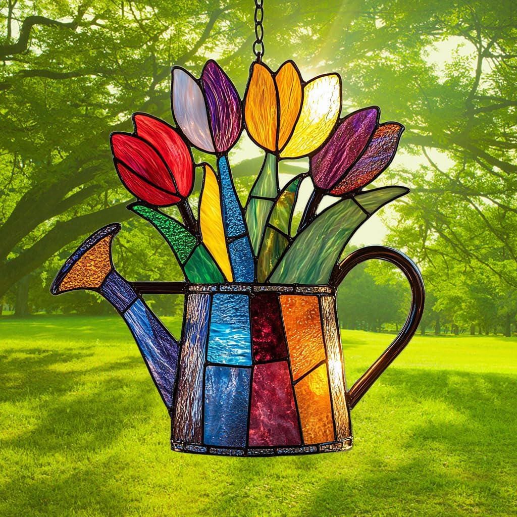 Colorful Tulips Acrylic Ornament, Flat 2D Window Hanging Decor, Garden Floral Sun Catcher Gift for Mom Grandma Women