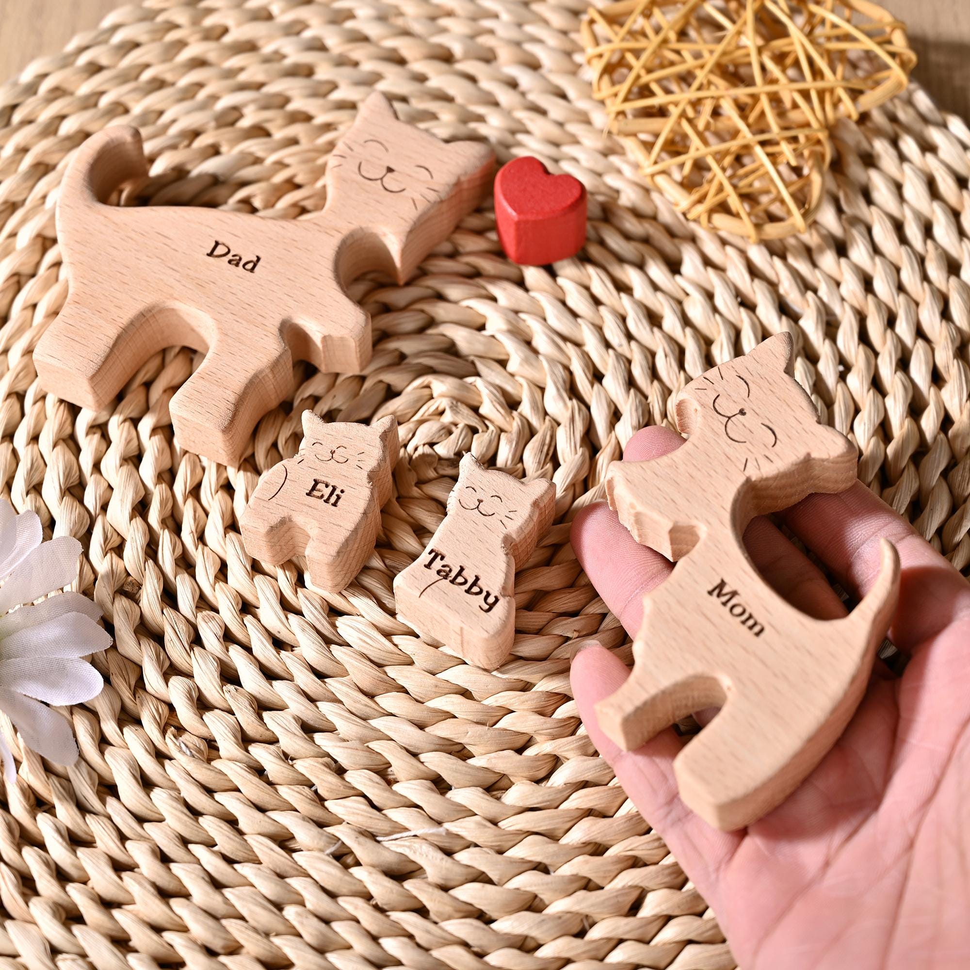 Personalized Cat Gifts for 2-6, Wooden Cat Family Puzzle, Carved Wood Cat, Anniversary Gift for Mom, New Mum Gift, Wife Christmas Present