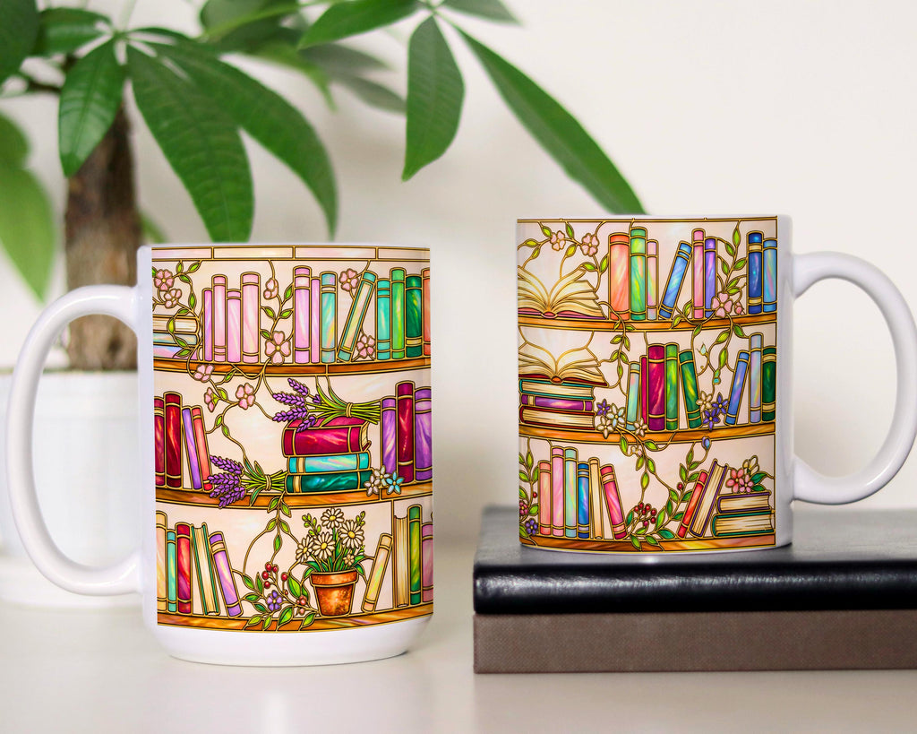 Stained Glass Floral Bookshelf Mug, Colorful Bookish Reader Coffee Cup, Book Lover Gift, Gift for Booktoker, Cozy Reading Nook Decor