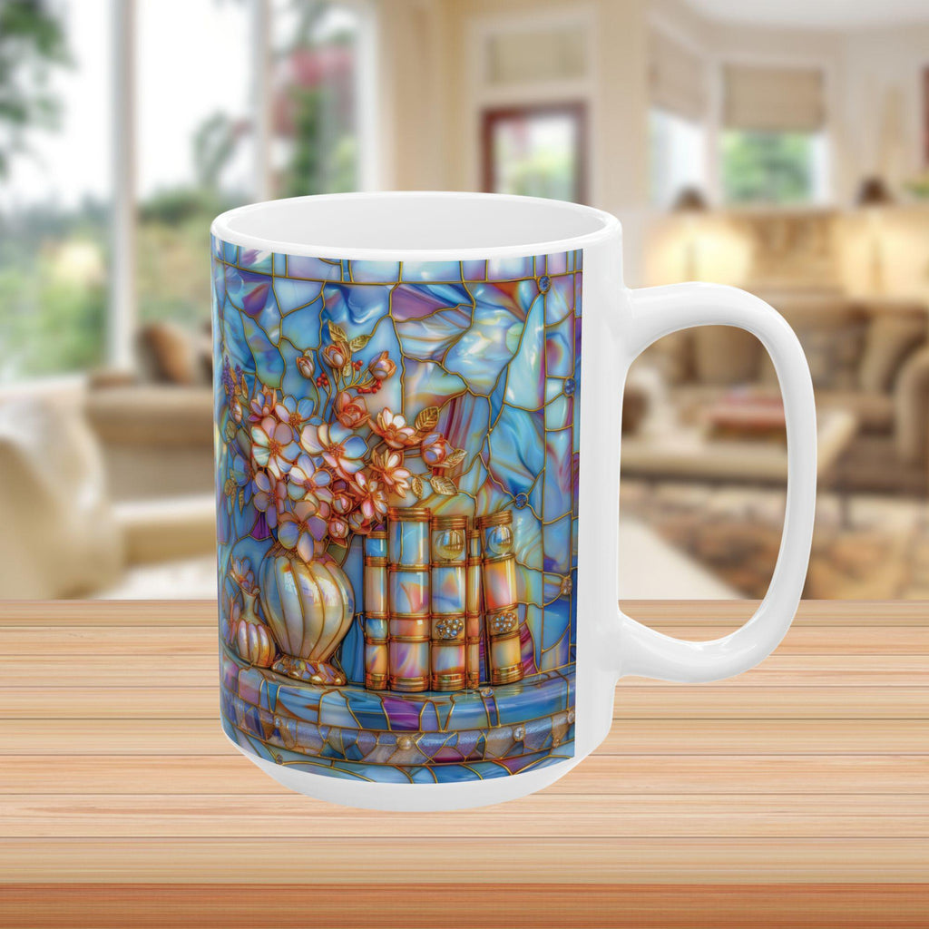 Floral Bookshelf Coffee Mug_ Books and Flowers Faux Stained-glass Ceramic Mug, Book Lover Gift for Friend, Mom