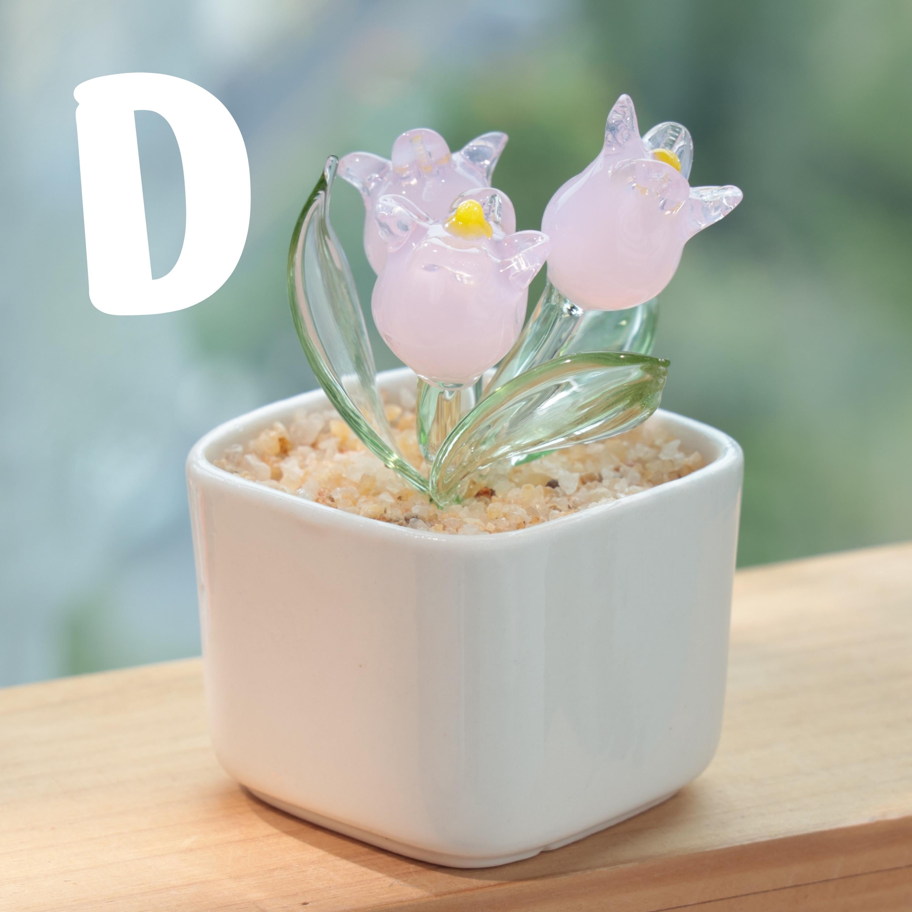 Hand Blown Glass Potted Plants – White, Pink & Blue Glass Tulip Figurines, Mini Flower Decor, Unique Handmade Gift