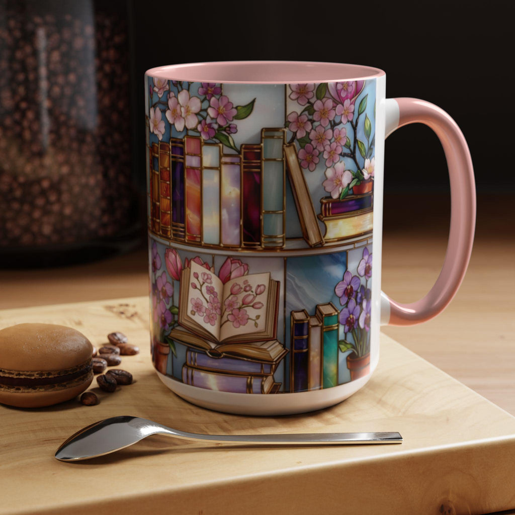 Book Lover Mug, Floral Bookshelf Coffee Mug, Gift for Readers, Stained Glass Style Mug, Bookish Aesthetic Mug, Library Coffee Cup