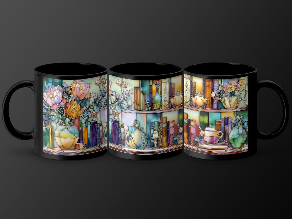 Floral Bookshelf Mug, Faux Stained Glass Effect, Unique Tea Lover Gift, Book Lover Gift, Unique Coffee Mug, Decorative Mug, Premium Ceramic Mug – Everyday Use & Gift Idea