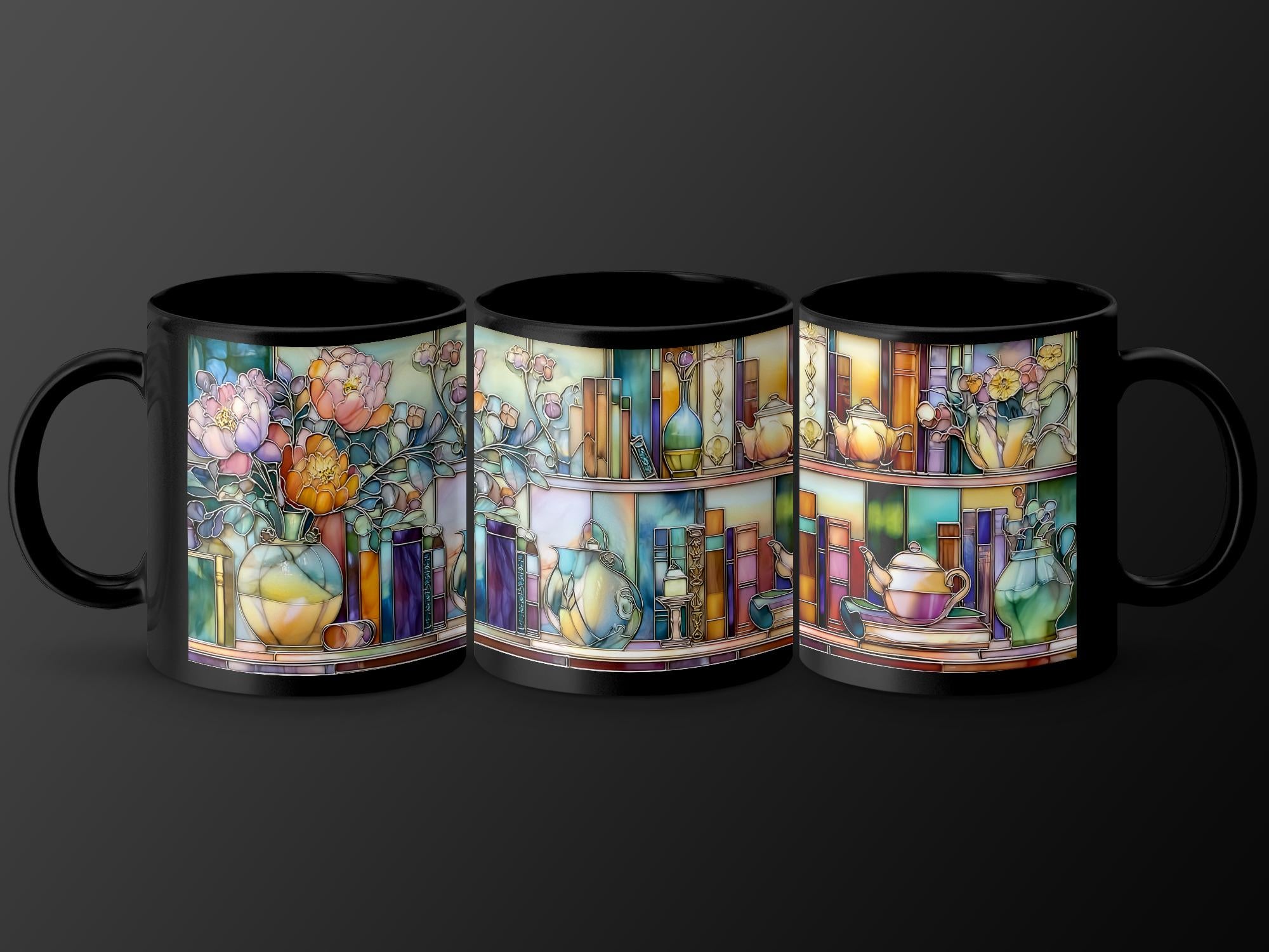 Floral Bookshelf Mug, Faux Stained Glass Effect, Unique Tea Lover Gift, Book Lover Gift, Unique Coffee Mug, Decorative Mug, Premium Ceramic Mug – Everyday Use & Gift Idea
