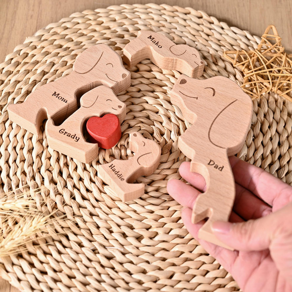 Personalized Wooden Dog Jigsaw Puzzle, Dog Family Figurines, Engraved Family Name Keepsake, Gift for Dog Lovers, Christmas Gift for Dog Mom
