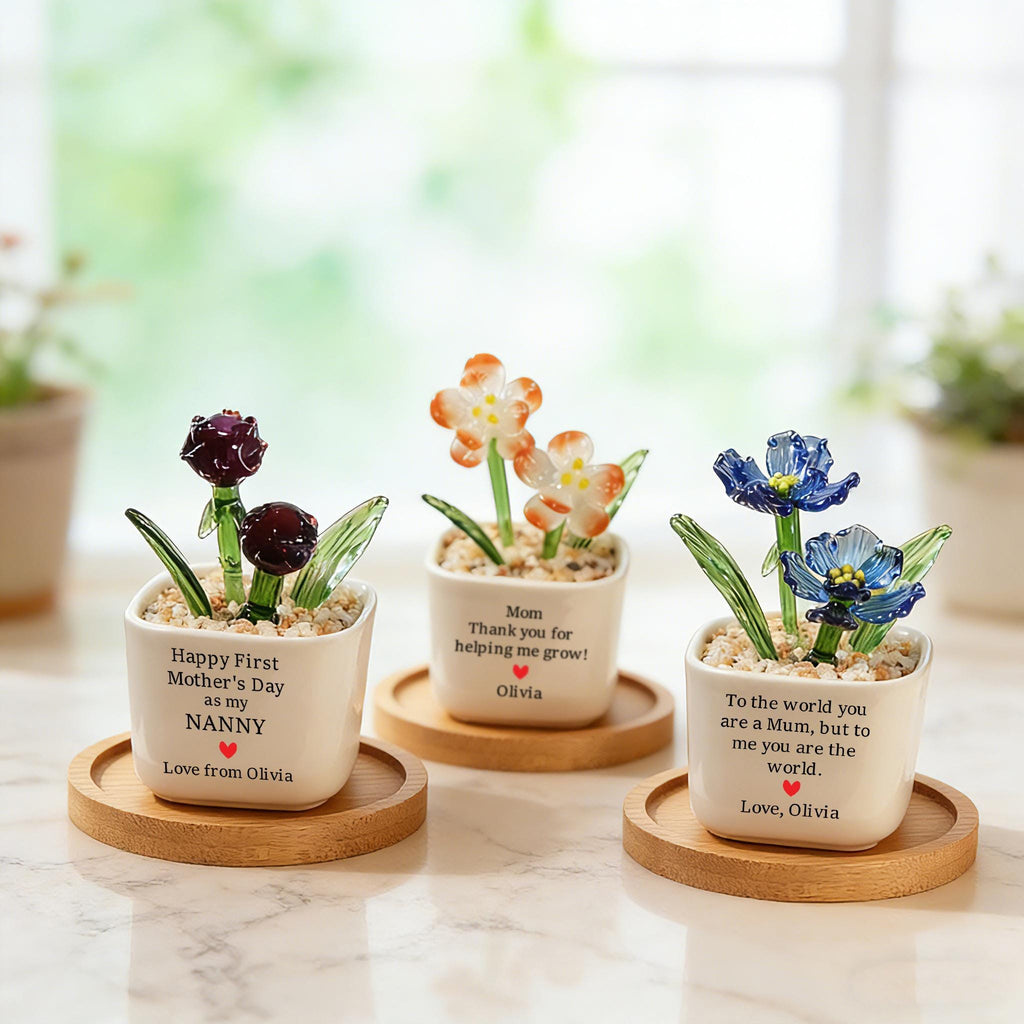 Hand Blown Glass Potted Flowers, Custom Birth Flower Pot, Mother's Day Gift, Stained glass Plant,Home Decor,Housewarming Gift,Gift for Mom