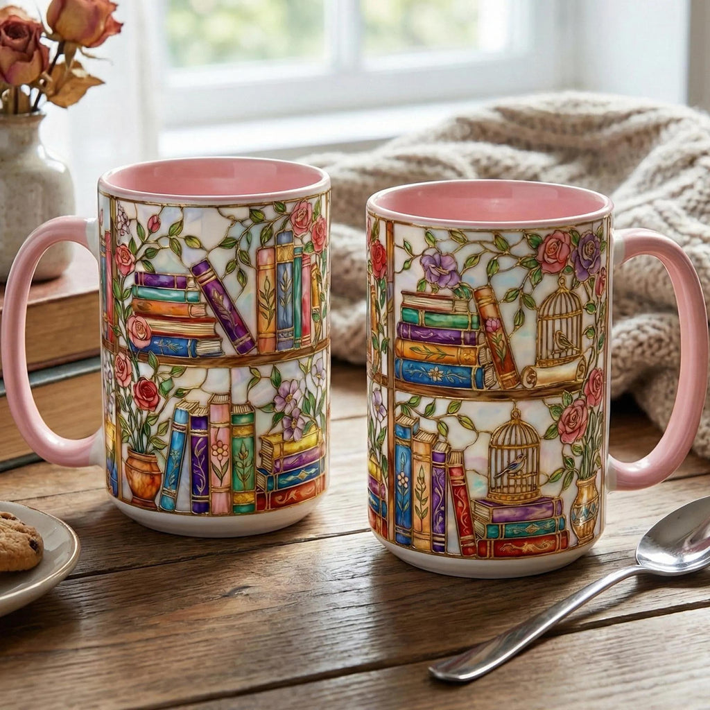 Stained-glass Style Floral Bookshelf Mug, Book Lover Gift, Bookish Mug, Library Cup, Gift Mug – Thoughtful Design for Coffee Lovers