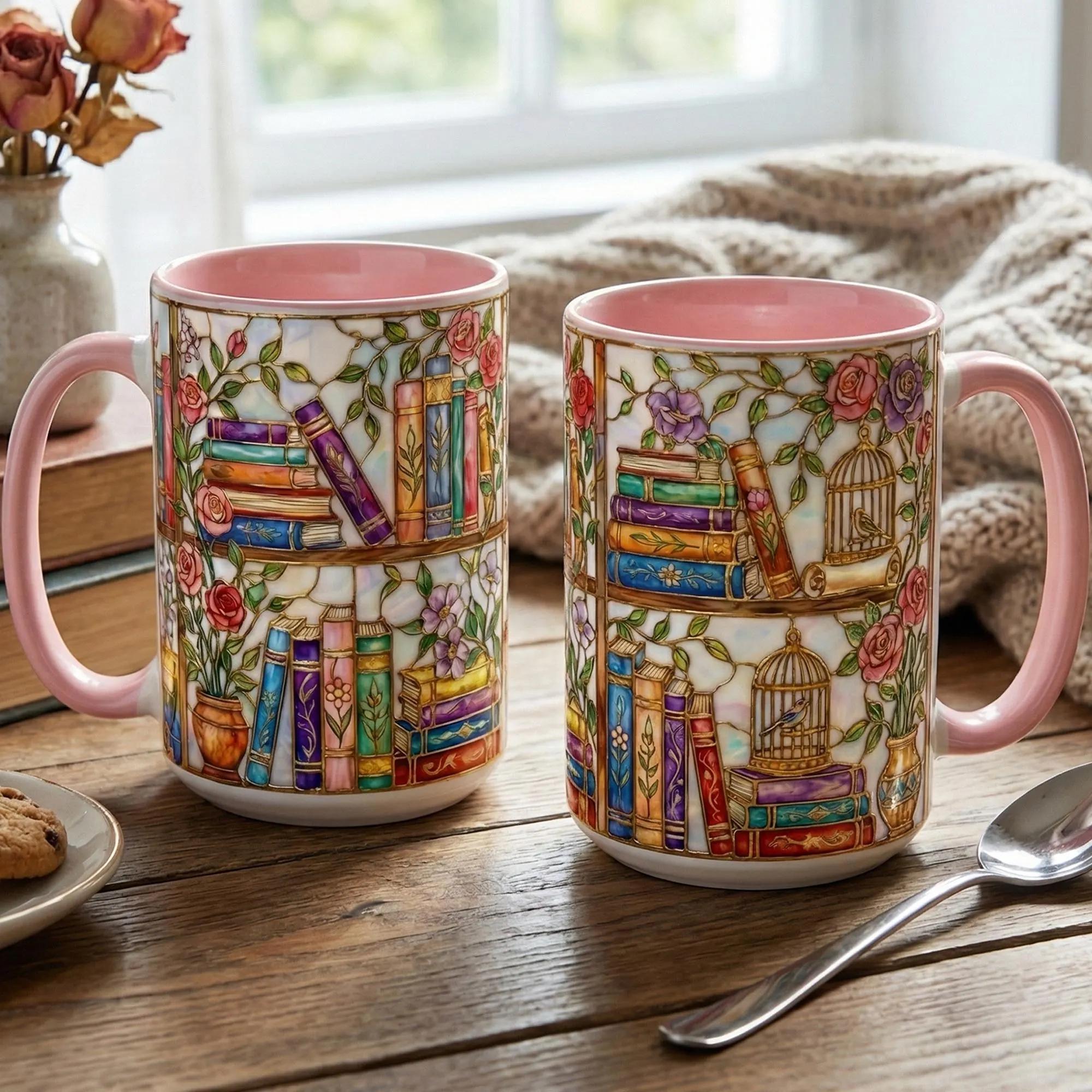 Stained-glass Style Floral Bookshelf Mug, Book Lover Gift, Bookish Mug, Library Cup, Gift Mug – Thoughtful Design for Coffee Lovers