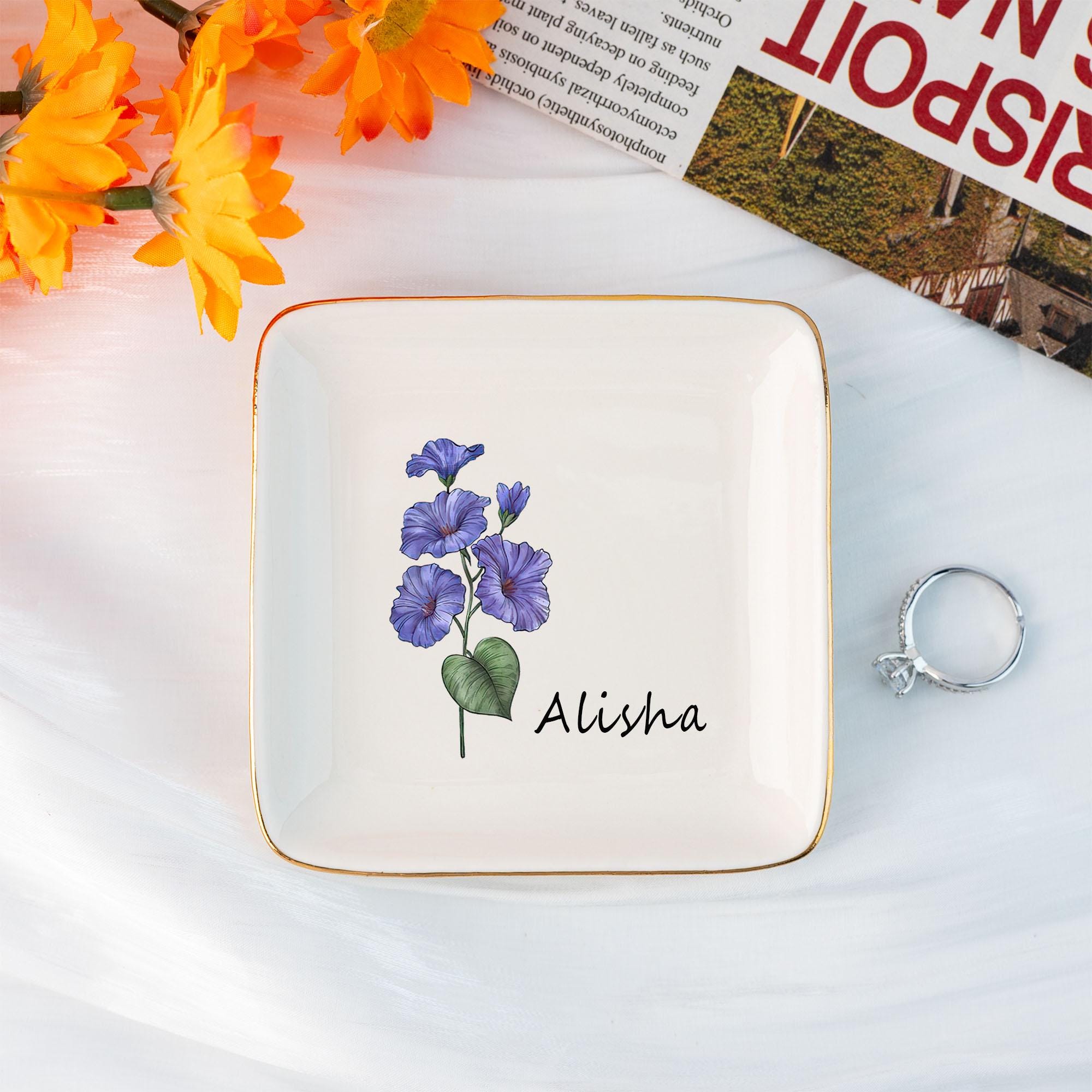 Custom Birth Flower Ceramic Jewelry Dish_ Personalized Name Trinket Dish
