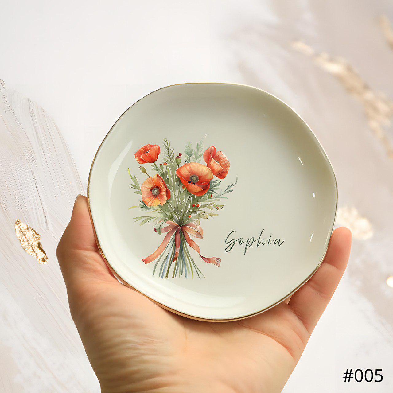 Personalized Birth Flower Jewelry Dish, Custom Ceramic Ring Dish, Custom Name Trinket Dish, Gift for Her, Gift