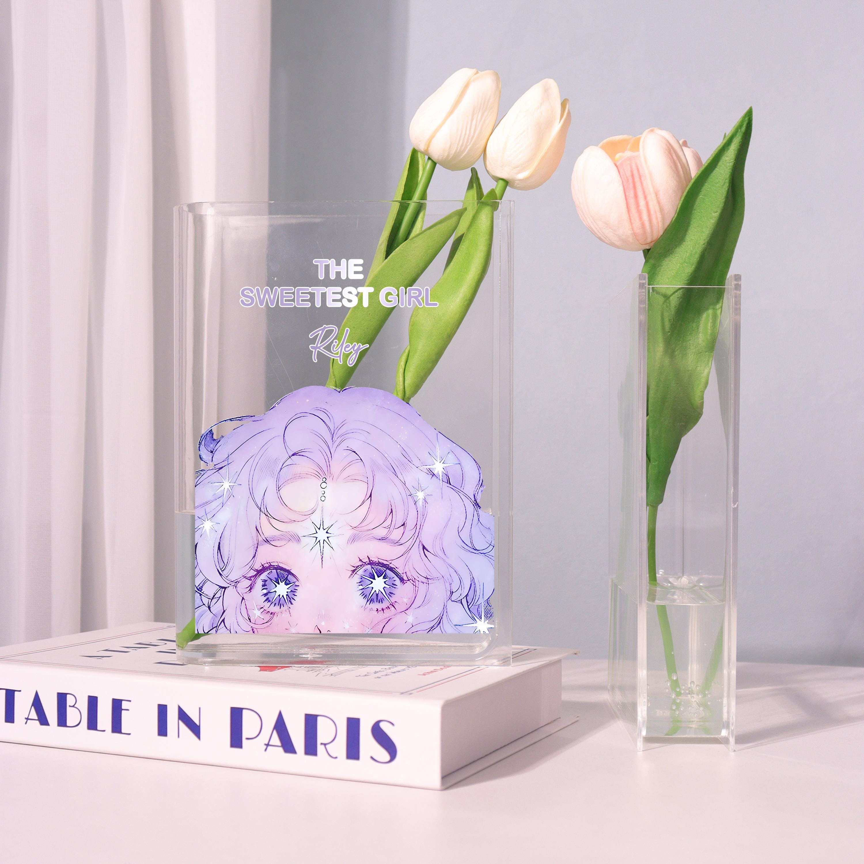 Anime Girl Acrylic Book Vase, the Sweetest Girl Bookish Vase, Cute Girl Face Book Shaped Vase, Aesthetic Decor, Custom Gift for Book Lovers