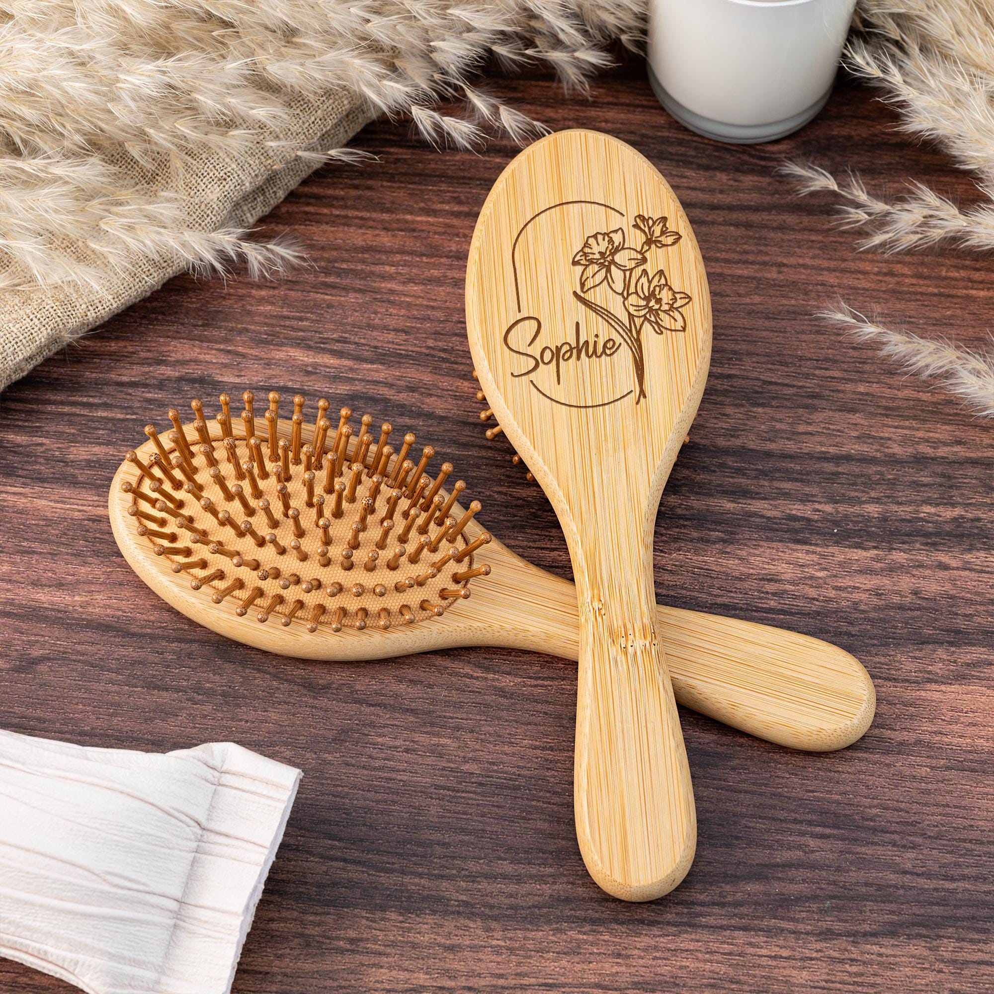 Personalized Birth Flower Wooden Comb,Engraved Name Airbag Brush,Wedding Bridesmaid Gift,Birthday Gift for Her,Bamboo Paddle Hairbrush
