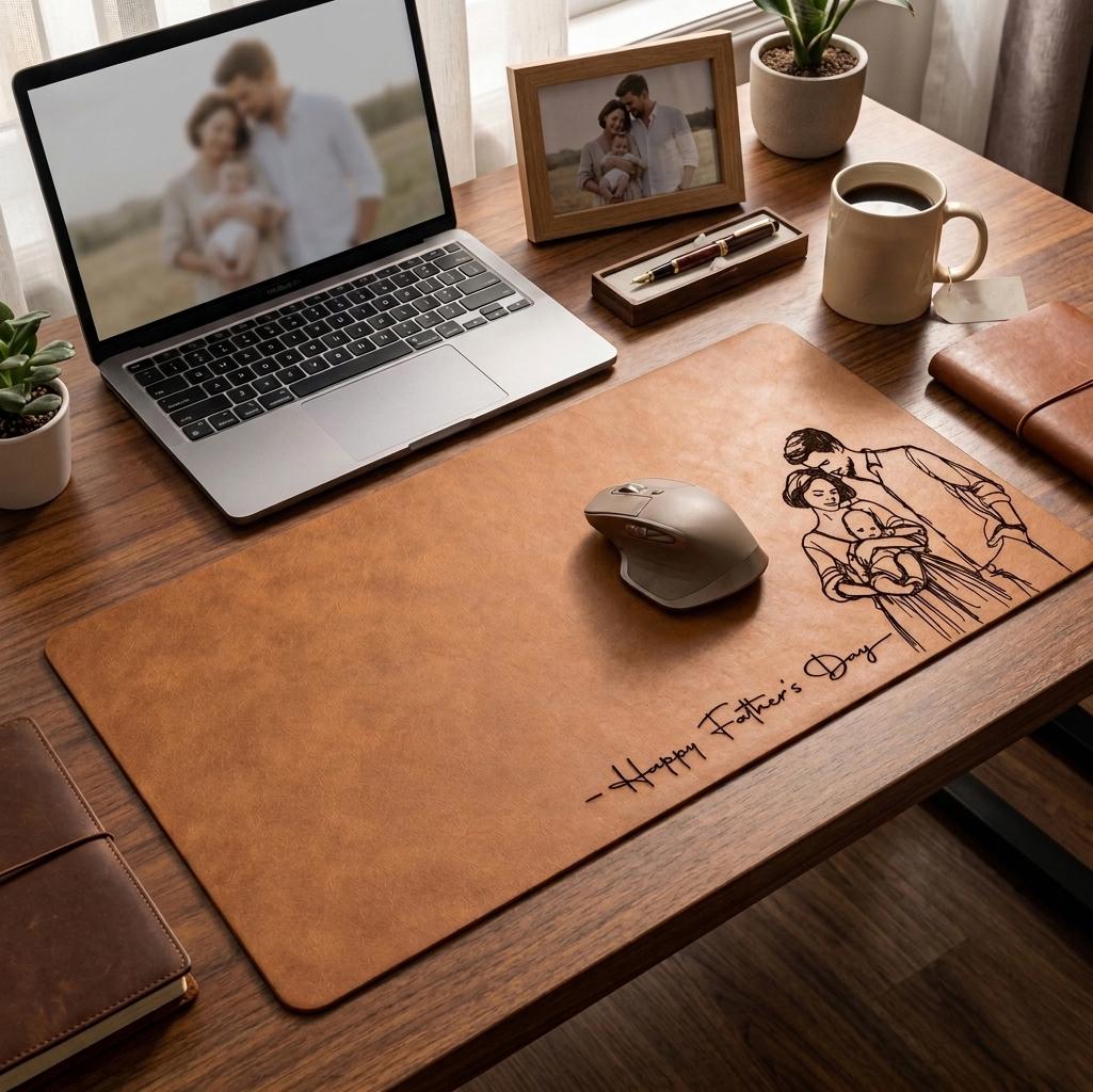 Personalized Dad Desk Mat, Custom Photo Sketch Line Art, Father's Day Gift for Husband, Daddy & Kid Picture, Desk Pad Mouse Mat