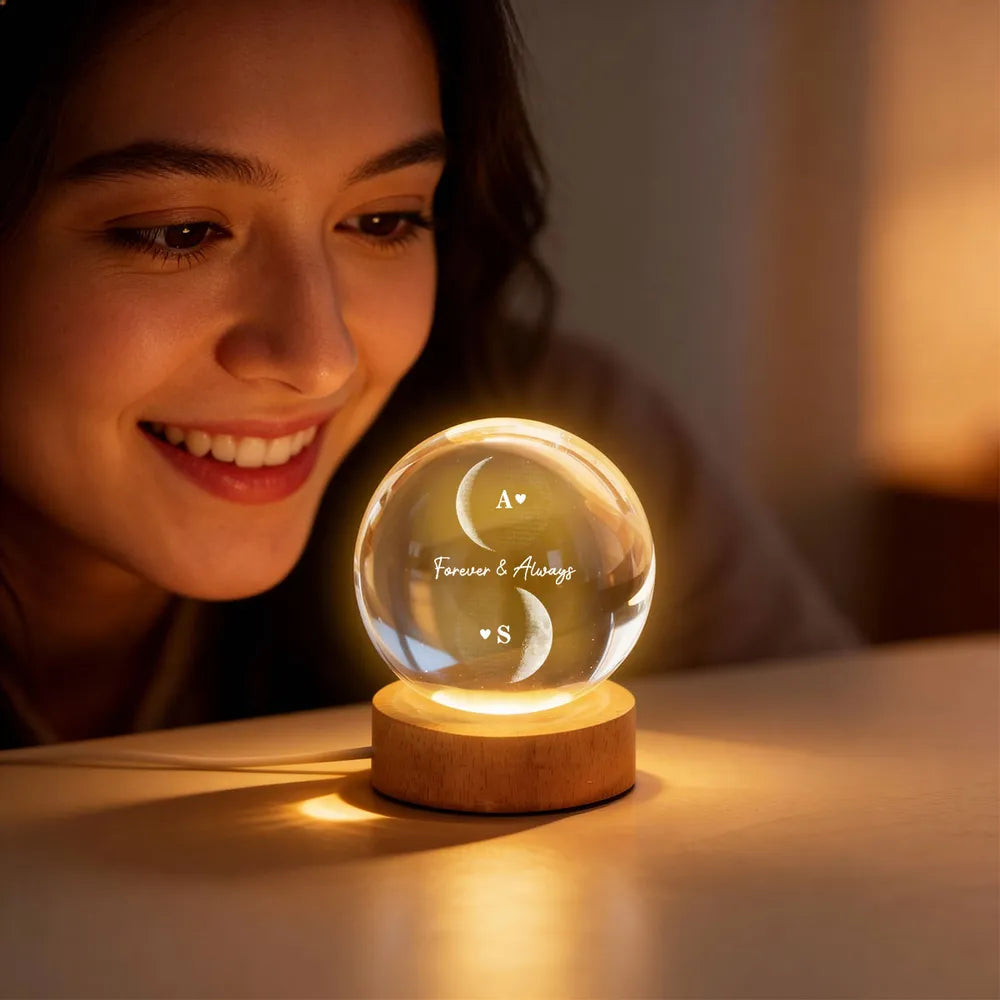 Custom Couple Moon Phase - Personalized Crystal Ball LED Night Light,  Moon Phase Print, Valentines Day Wedding Anniversary Gift For Couple
