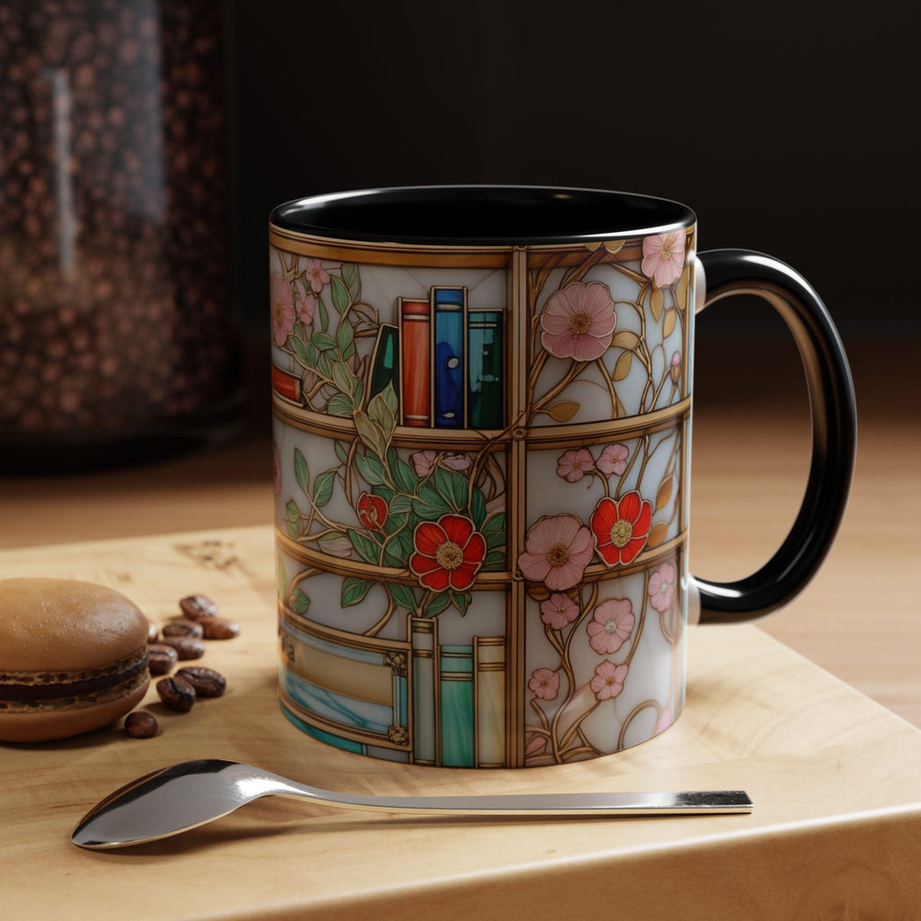 Stained Glass Bookshelf Mug, Floral Coffee Cup, Book Lover Gift, Creative Printed Mug – Simple, Elegant Design