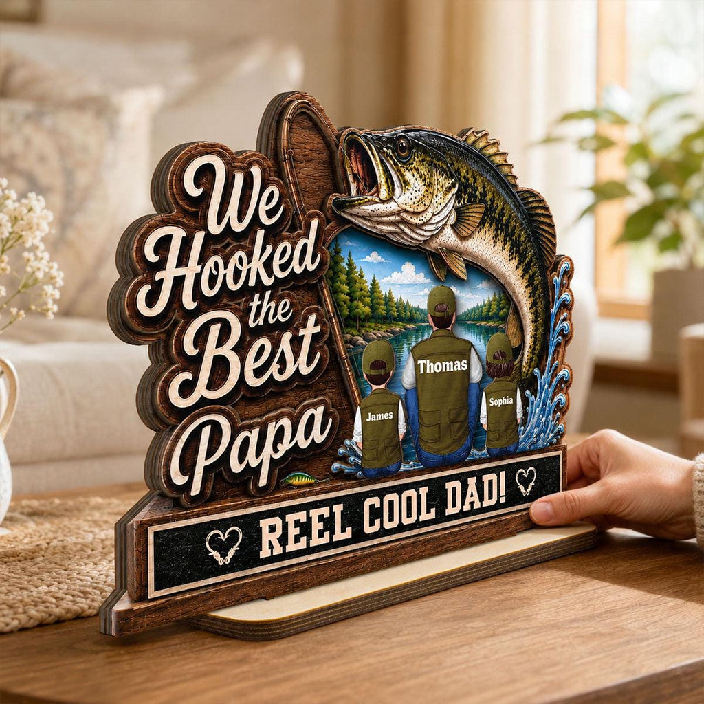 Personalized Fishing Dad Wood Sign, Custom Family Portrait, Reel Dad Plaque