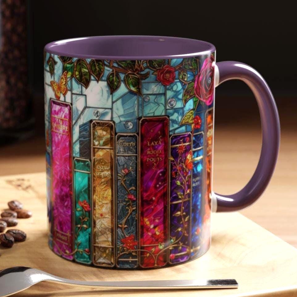 Bookish Stained Glass Mug _ Vintage Bookshelf, Cozy Reader Gift, Cozy Reader Gift, Book Lover Gift, Reading Mug for Women, Library Aesthetic Cup 15oz