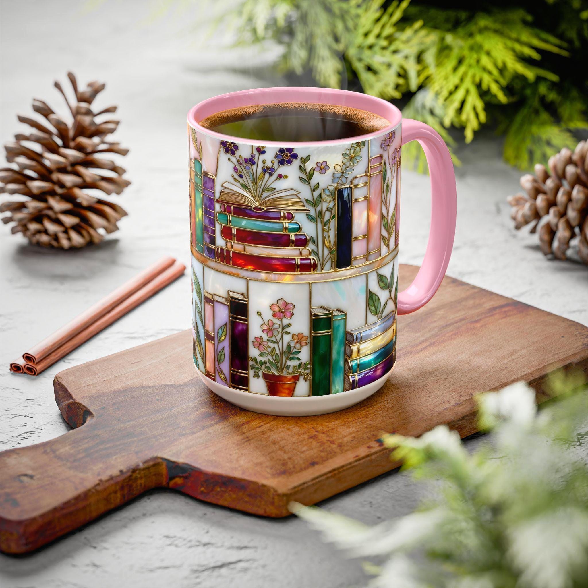 Stained-Glass Style Floral Bookshelf Mug, Book Lover Gift, Bookish Mug, Library Cup 11oz 15oz, bookshelf mug gift