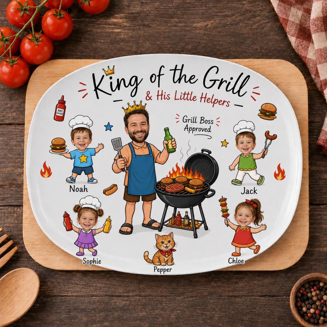 Personalized Face Grilling Platter, Custom Daddy's Grilling Plate With Kids' Names, Father's Day Gift From Grandkids, Funny Gift for Dad