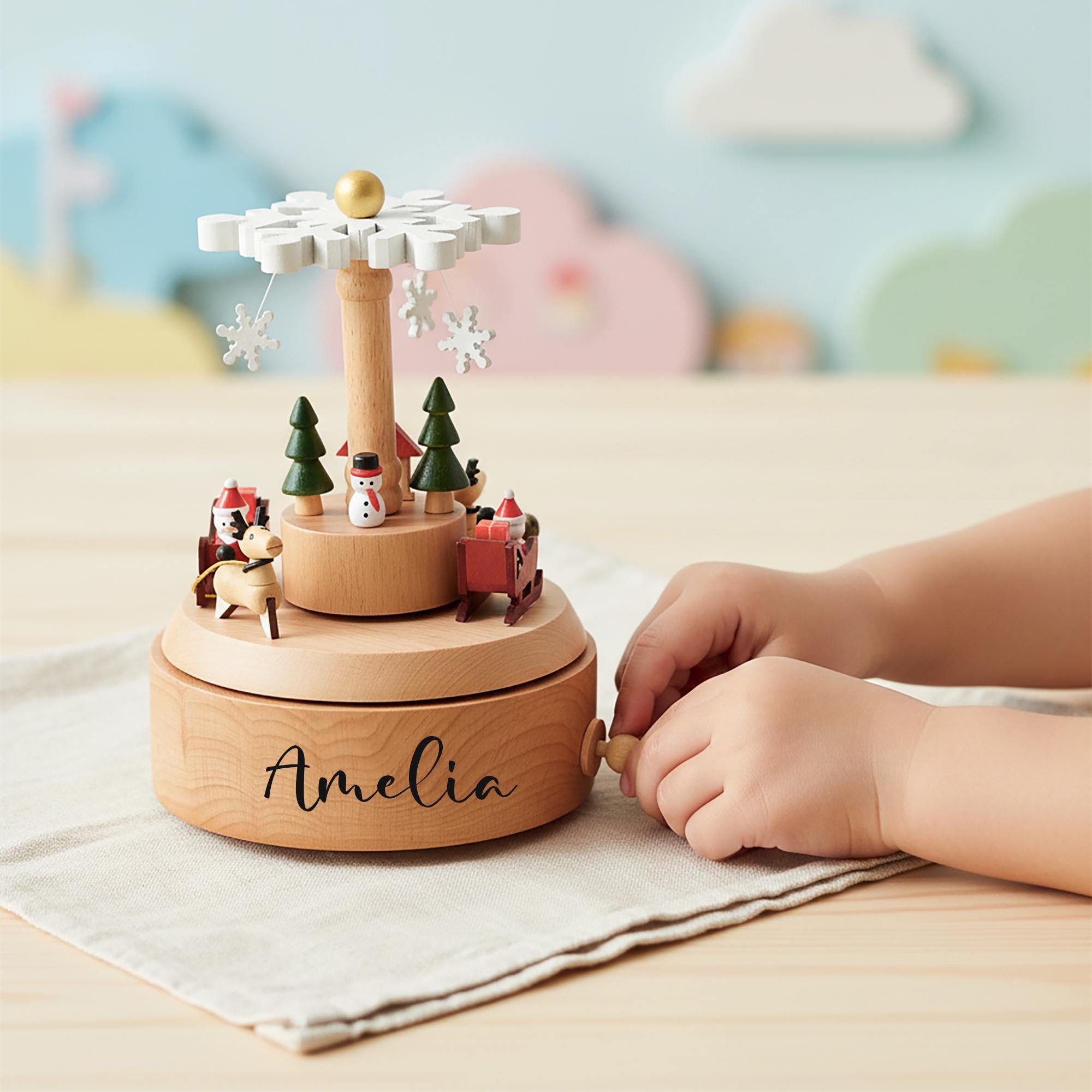 Christmas Wooden Carousel Baby Name Music Box – Personalized Newborn Xmas Keepsake Gift
