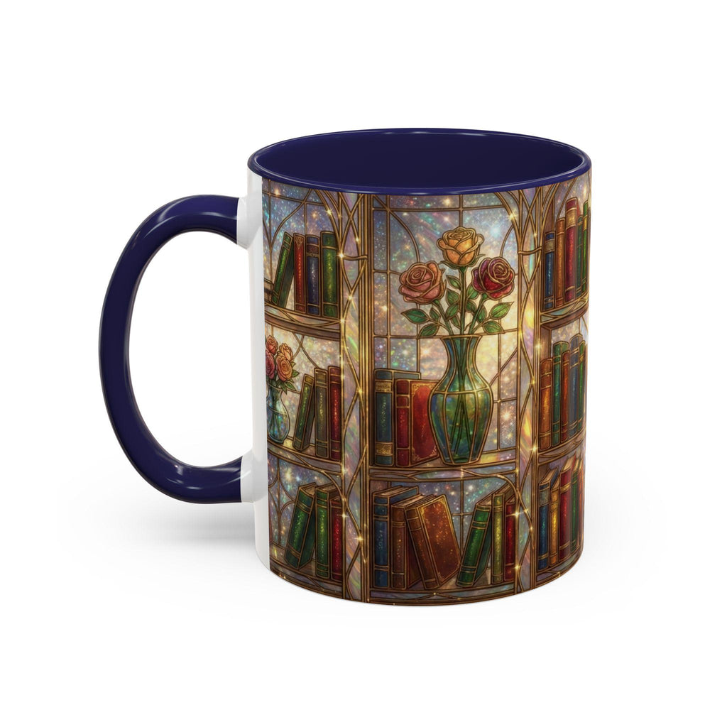 Stained Glass Books Mug, Book Lover Coffee Mug, Cozy Library Mug, Bookish Gift for Readers, Dark Academia Mug, Floral Bookshelf Cup, Cute Character Mug – Fun Design for Daily Use