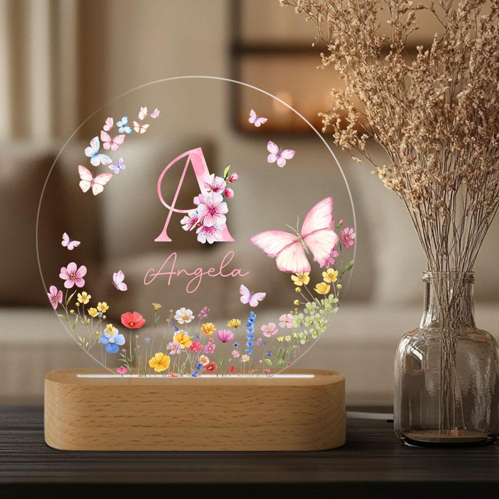 Personalized Name Night Light, Butterfly Flower LED Lamp, Custom Acrylic Light With Wooden Base, Gift for Her, Bedroom Decor