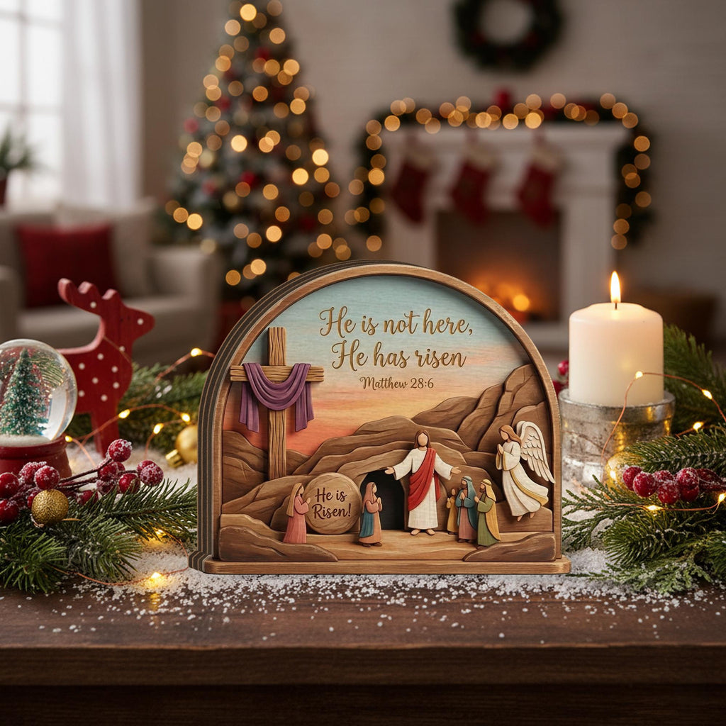 He is Risen Easter Decoration, Wooden Cross Tabletop Ornament, He is Risen Wood Sign_ Jesus Resurrection Scene, Easter Decor