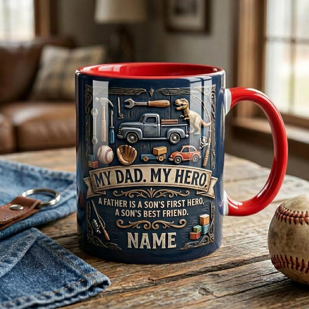 Personalized My Dad My Hero Mug, Faux 3D Effect Ceramic Cup, Custom Father’s Day Coffee Mug, Dad Appreciation Gift