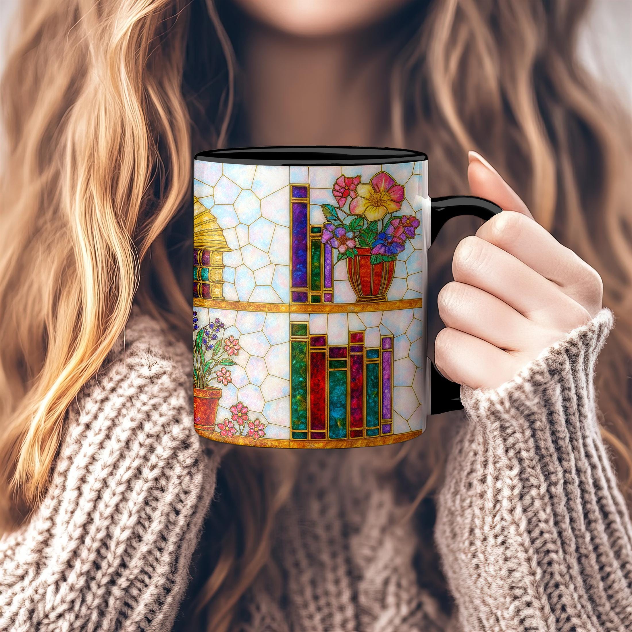 Book Lover Coffee Mug_ Stained Glass Bookshelf - Floral, Opal and Gemstone Style, Bookish Gift for Readers, Dark Academia Mug, Floral Bookshelf Cup, Cute Character Mug – Fun Design for Daily Use =
