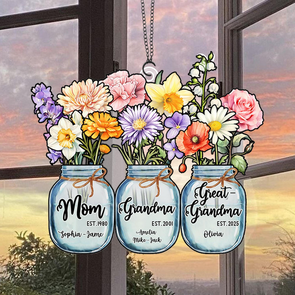 Custom Great Grandma's Garden Suncatcher, Birth Month Flower Acrylic Window Hanging, Grandma Suncatcher, Gift From Grandkids, Christmas Gift