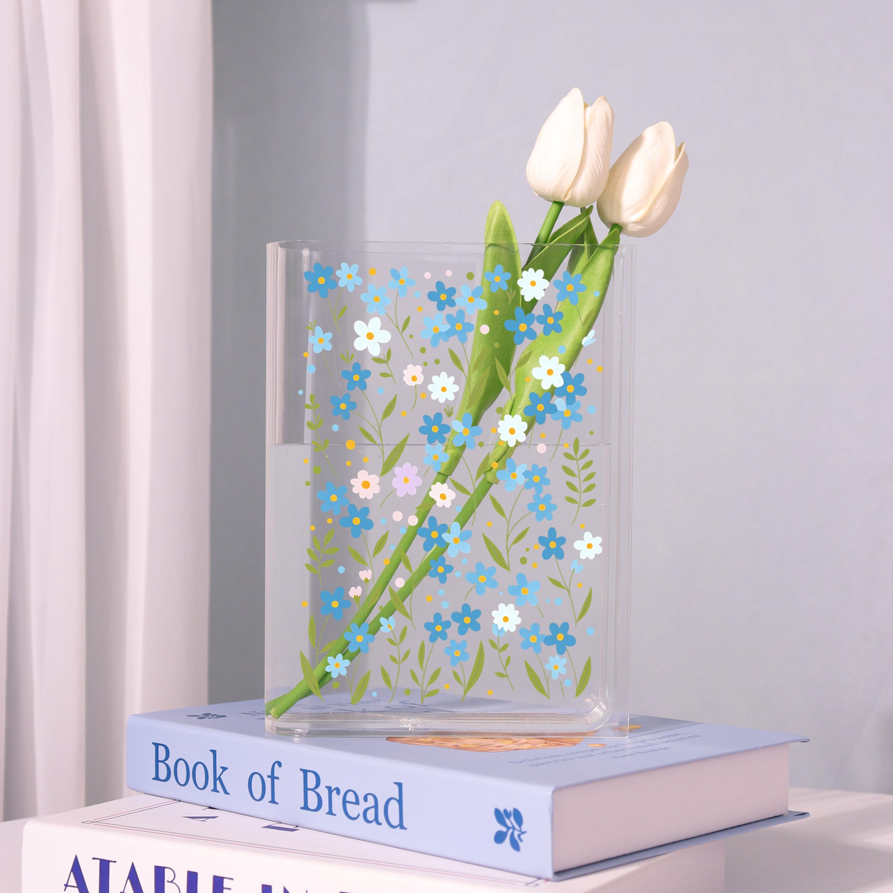 Blue Daisy Acrylic Book Vase, Wildflower Pattern Bookish Vase, Cottagecore Book Shaped Vase, Minimalist Flowers,custom Gift for Flower Lover