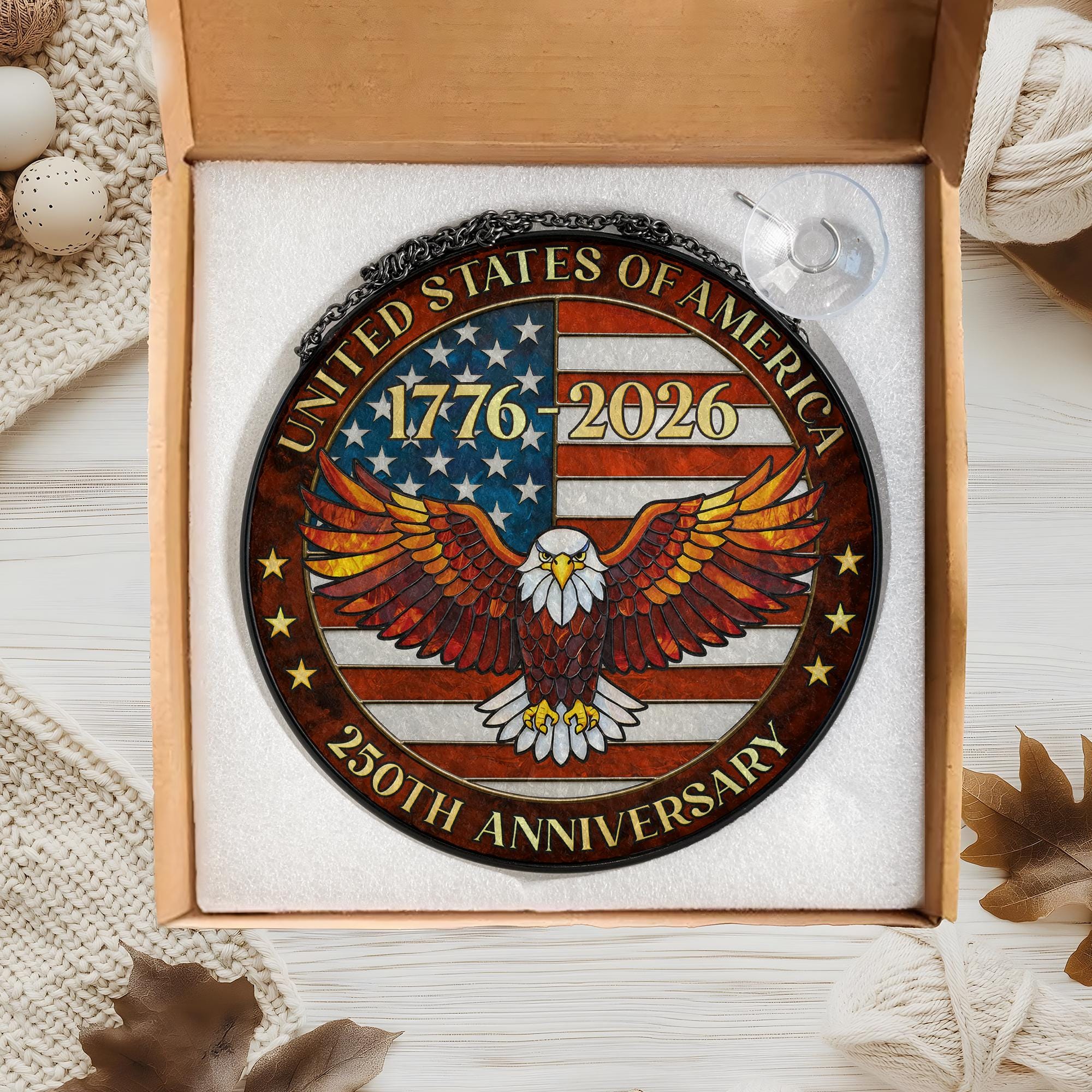 Stained Glass Suncatcher 250th Birthday USA, America 250 Window Hanging, Patriotic 4th of July Decor, Semiquincentennial Gift, 1776 2026