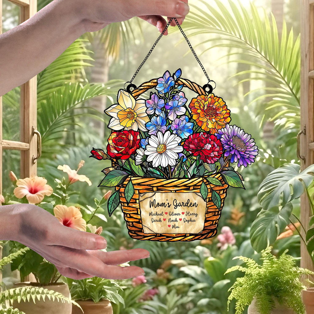 Personalized Birth Month Flower Stained Glass, Grandma's Garden Suncatcher Acrylic Window Hanging, Mothers Day Gift, Grandma Gift, Mom Gifts