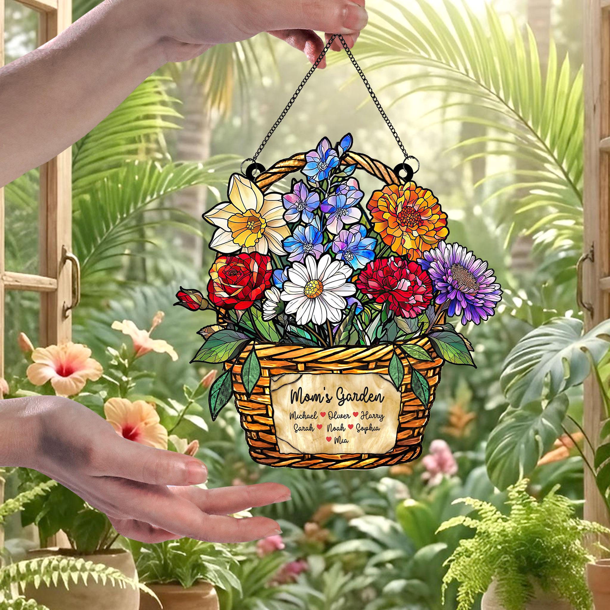 Personalized Birth Month Flower Stained Glass, Grandma's Garden Suncatcher Acrylic Window Hanging, Mothers Day Gift, Grandma Gift, Mom Gifts