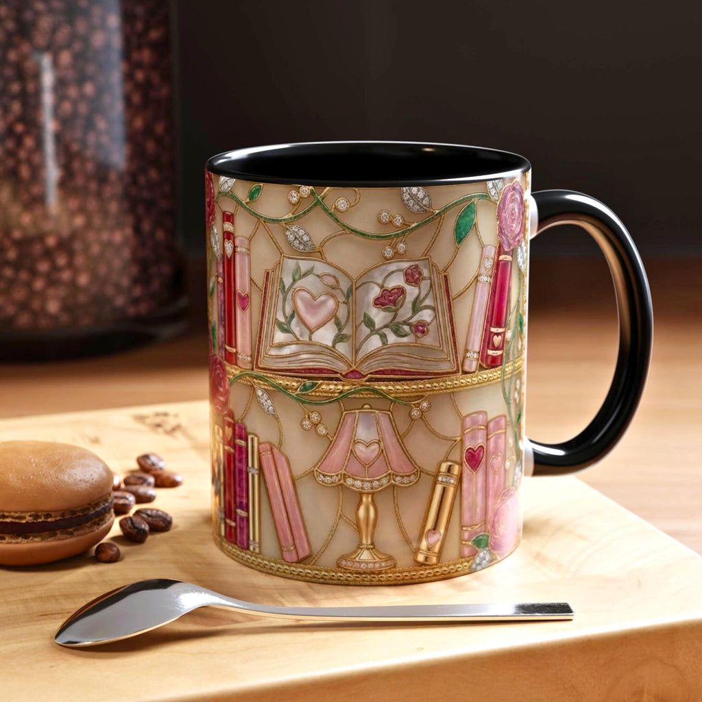 Stained Glass Book Lover Mug, Bookish Floral Coffee Mug, Vintage Bookshelf Art Mug, Reader Gift Mug