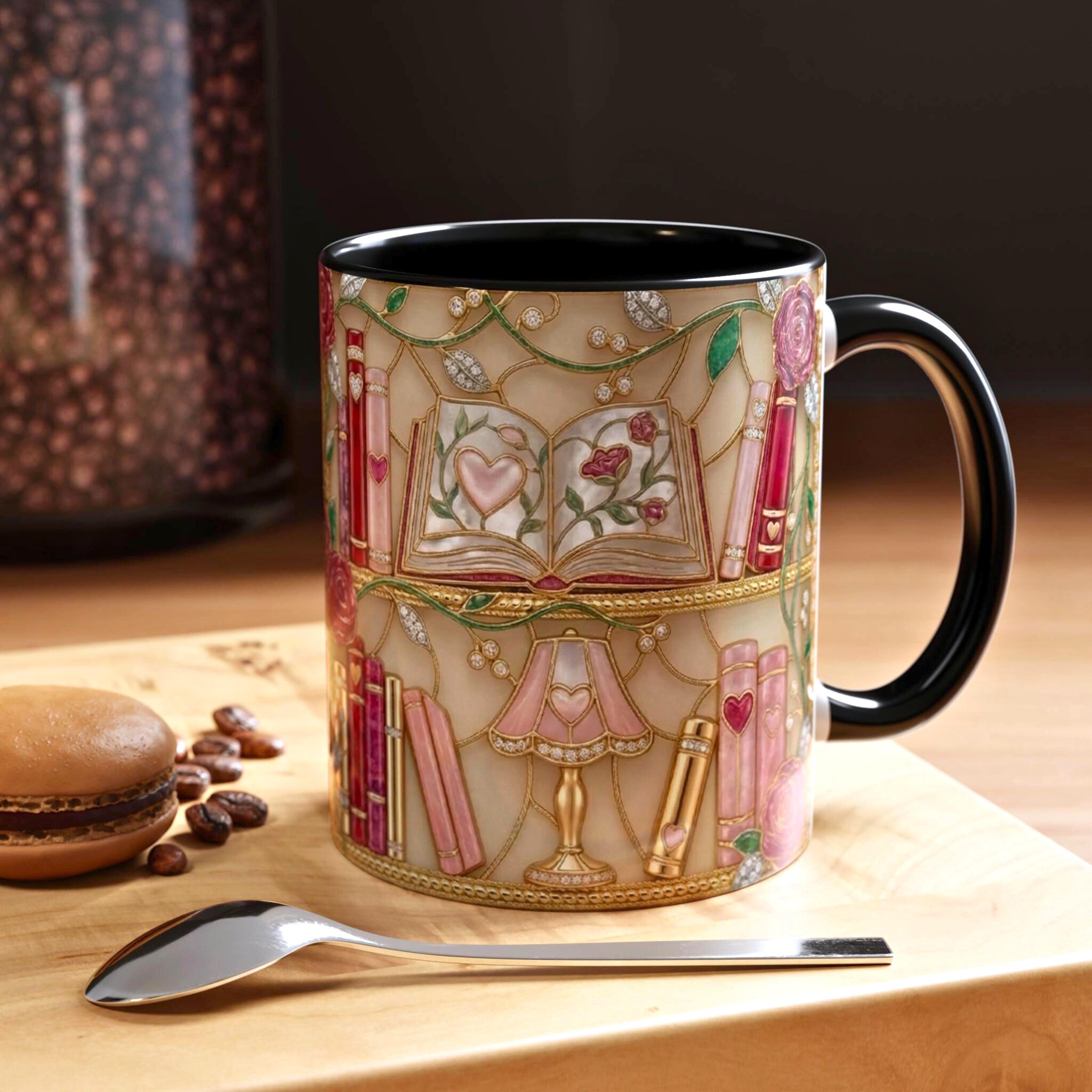 Stained Glass Book Lover Mug, Bookish Floral Coffee Mug, Vintage Bookshelf Art Mug, Reader Gift Mug