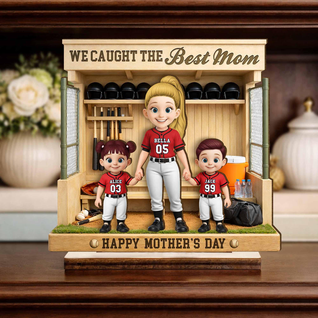 Personalized Baseball Mom Diorama, Custom Dugout Keepsake, Mother's Day Gift, Kids Names Plaque