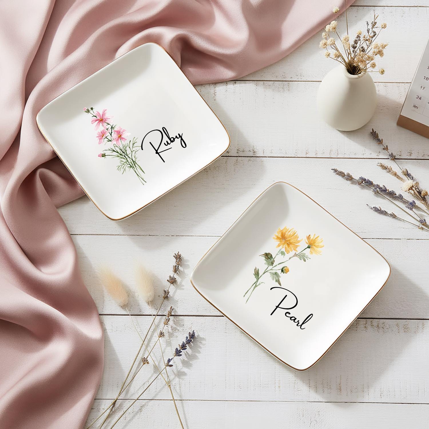 Personalized Birth Flower Trinket Dish, Custom Watercolor Flower Ring Dish, Wedding Bridesmaid Gift, Birthday Jewelry Dish, Christmas Gifts