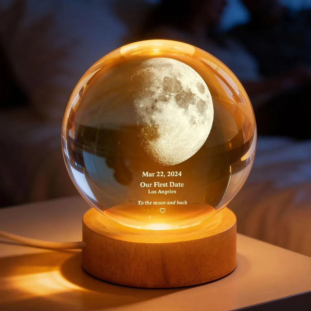 Couple Love to the Moon and Back Moon Phase by Date - Personalized Cry, Personalized Crystal Ball LED Night Light, Valentine's Day Gift For Couple, Husband, Boyfriend, Wife