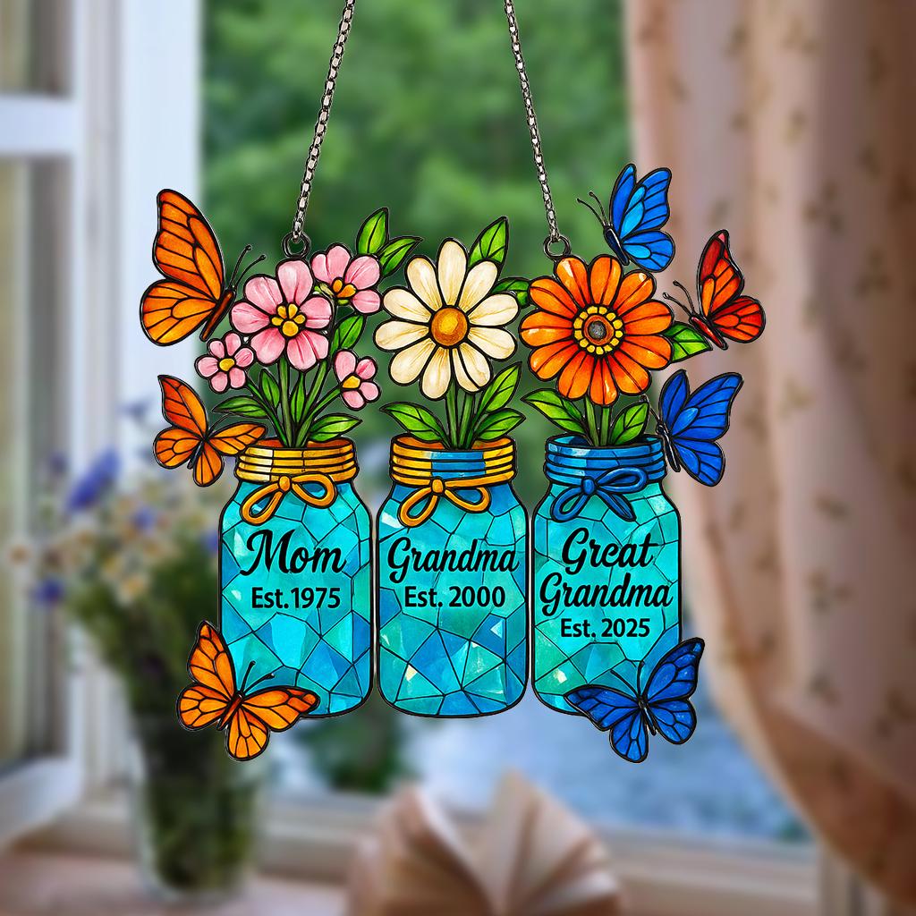 Generations Floral Jar Hologram Ornament _ Mom Grandma Great Grandma Gift _ Mother's Day Window Decor _ Family Legacy Keepsake, Gift for Her
