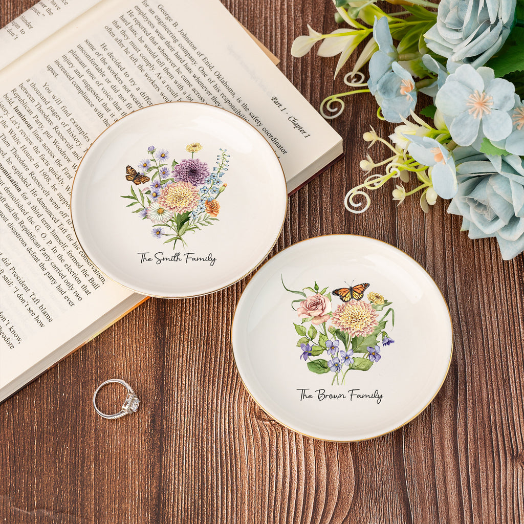 Personalized Birth Flower Jewelry Dish,family Flower Bouquet Ring Dish,wedding Gifts,birthday Jewelry Dish Gift for Mom,bridesmaid Gifts